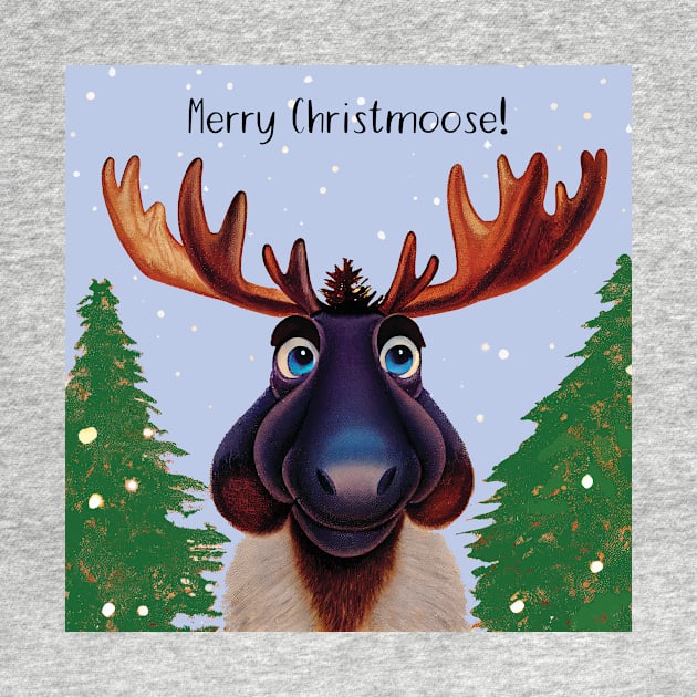 Merry Christmoose - Christmas Moose in the snow in blue and green by Geminiartstudio